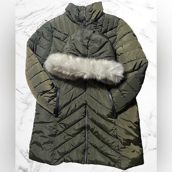 DKNY Women's Faux-Fur-Trim Hooded Puffer Coat Green XXL - Picture 5 of 8